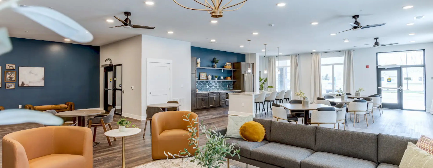 Styled clubhouse with blue accent walls
